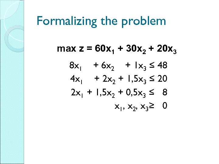 Formalizing the problem max z = 60 x 1 + 30 x 2 +