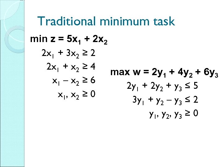 Traditional minimum task min z = 5 x 1 + 2 x 2 2