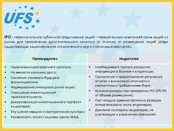 IPO – первоначальное публичное предложение акций – первый выпуск компанией своих акций на рынок