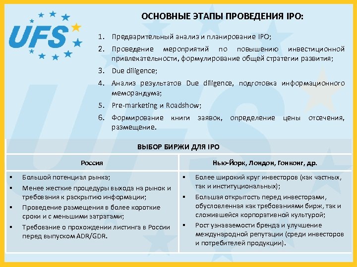 ОСНОВНЫЕ ЭТАПЫ ПРОВЕДЕНИЯ IPO: 1. Предварительный анализ и планирование IPO; 2. Проведение мероприятий по