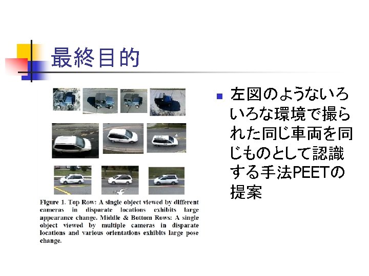 最終目的 n 左図のようないろ いろな環境で撮ら れた同じ車両を同 じものとして認識 する手法PEETの 提案 