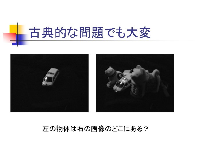 古典的な問題でも大変 左の物体は右の画像のどこにある？ 