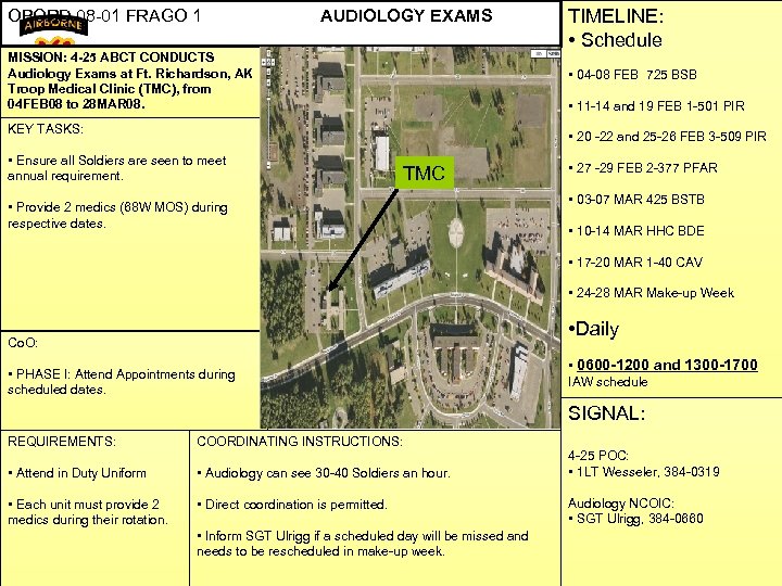 OPORD 08 -01 FRAGO 1 AUDIOLOGY EXAMS MISSION: 4 -25 ABCT CONDUCTS Audiology Exams