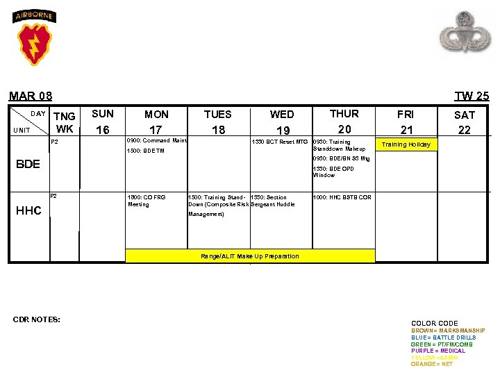 MAR 08 DAY UNIT TW 25 TNG WK P 2 SUN 16 MON TUES