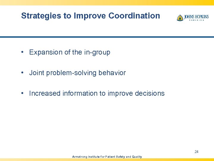 Strategies to Improve Coordination • Expansion of the in-group • Joint problem-solving behavior •