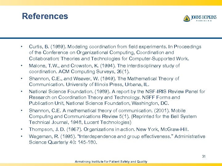 References • • Curtis, B. (1989). Modeling coordination from field experiments. In Proceedings of