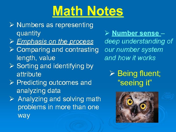 Math Notes Ø Numbers as representing Ø Number sense – quantity deep understanding of