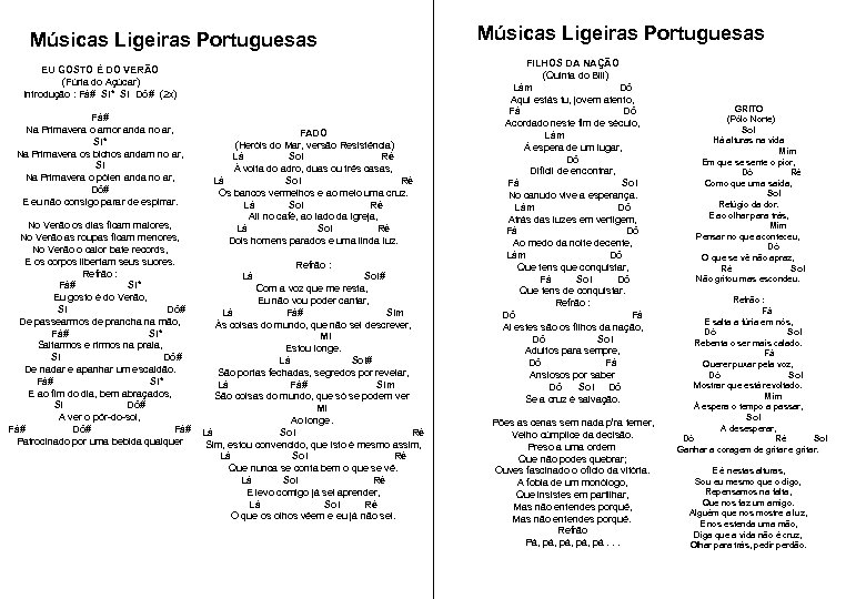 Músicas Ligeiras Portuguesas EU GOSTO É DO VERÃO (Fúria do Açúcar) Introdução : Fá#