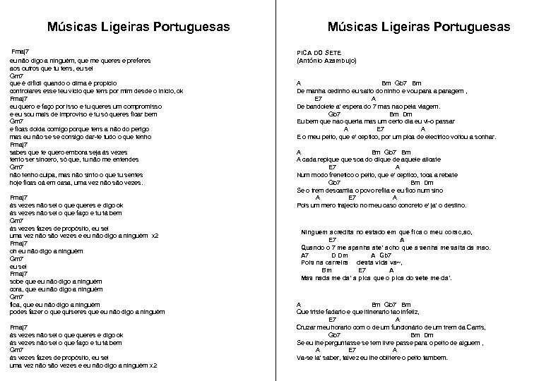 Músicas Ligeiras Portuguesas Fmaj 7 eu não digo a ninguém, que me queres e