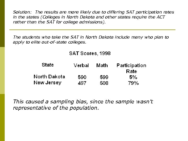 Solution: The results are more likely due to differing SAT participation rates in the