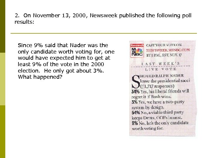 2. On November 13, 2000, Newsweek published the following poll results: Since 9% said