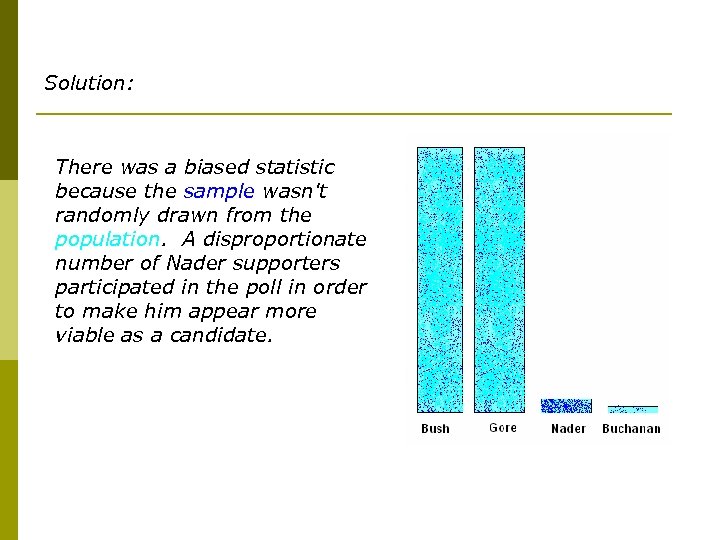 Solution: There was a biased statistic because the sample wasn't randomly drawn from the