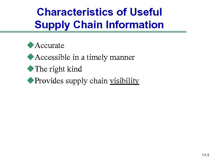 Characteristics of Useful Supply Chain Information u. Accurate u. Accessible in a timely manner