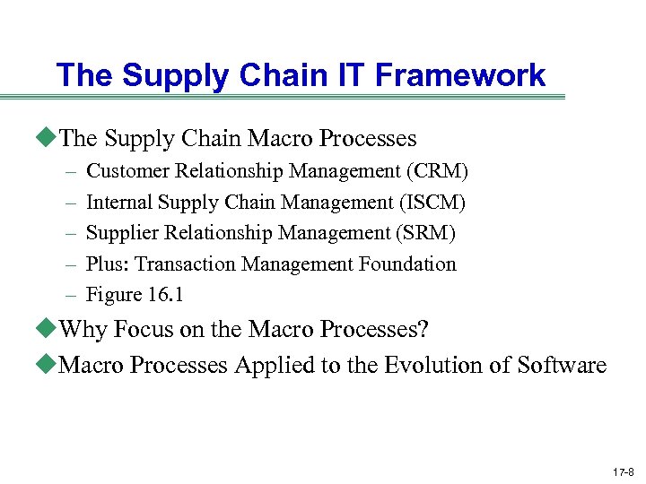 The Supply Chain IT Framework u. The Supply Chain Macro Processes – – –
