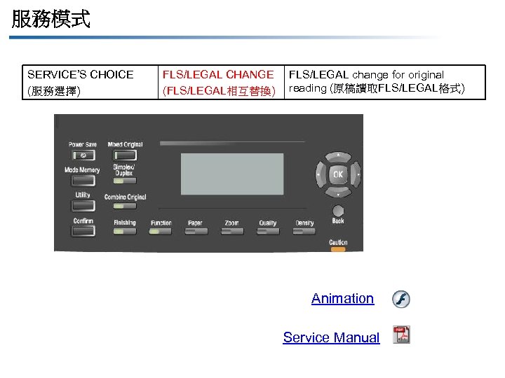 服務模式 SERVICE’S CHOICE (服務選擇) FLS/LEGAL CHANGE (FLS/LEGAL相互替換) FLS/LEGAL change for original reading (原稿讀取FLS/LEGAL格式) Animation