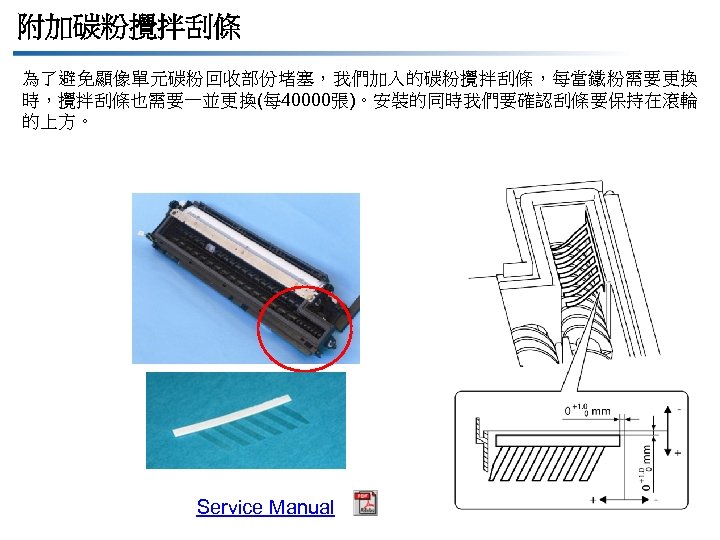 附加碳粉攪拌刮條 為了避免顯像單元碳粉回收部份堵塞，我們加入的碳粉攪拌刮條，每當鐵粉需要更換 時，攪拌刮條也需要一並更換(每 40000張)。安裝的同時我們要確認刮條要保持在滾輪 的上方。 Service Manual 