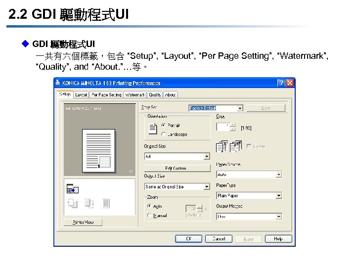 2. 2 GDI 驅動程式UI u GDI 驅動程式UI 一共有六個標籤，包含 “Setup”, “Layout”, “Per Page Setting”, “Watermark”,