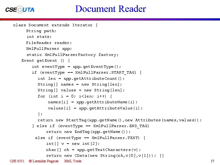Document Reader class Document extends Iterator { String path; int state; File. Reader reader;