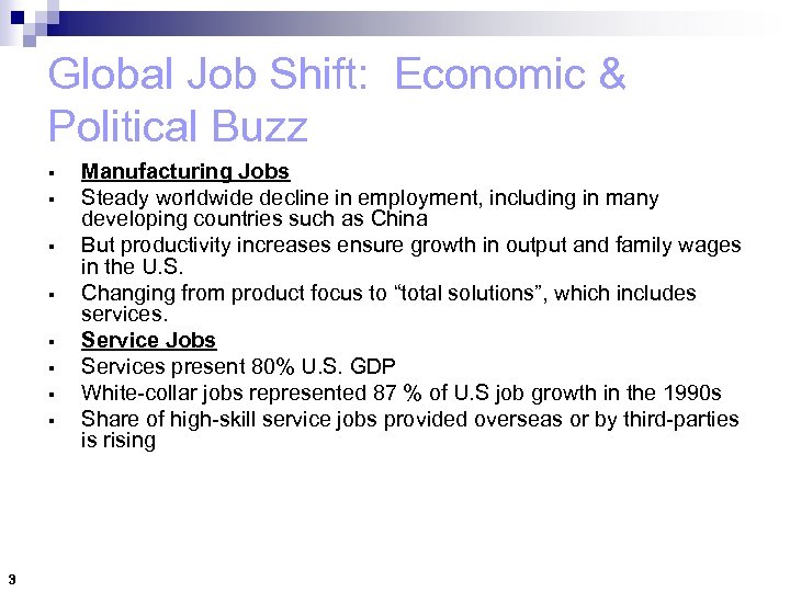 Global Job Shift: Economic & Political Buzz § § § § 3 Manufacturing Jobs