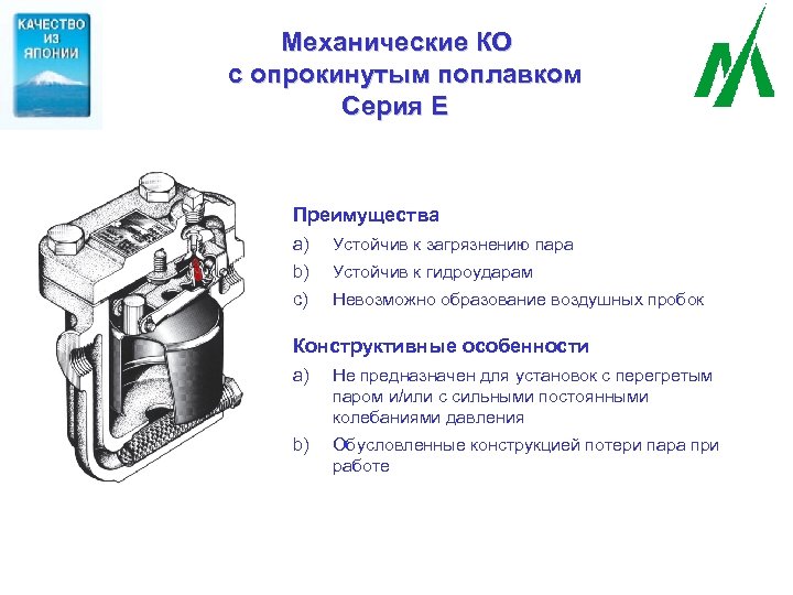 Механические КО с опрокинутым поплавком Серия Е Преимущества a) Устойчив к загрязнению пара b)