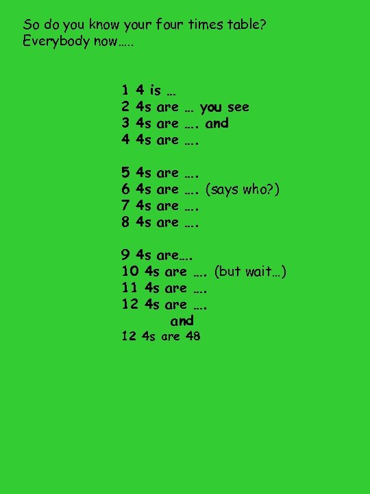 So do you know your four times table? Everybody now…. . 1 2 3