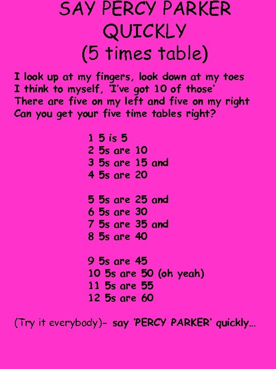 SAY PERCY PARKER QUICKLY (5 times table) I look up at my fingers, look