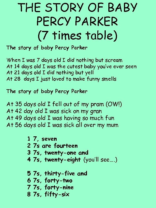 THE STORY OF BABY PERCY PARKER (7 times table) The story of baby Percy
