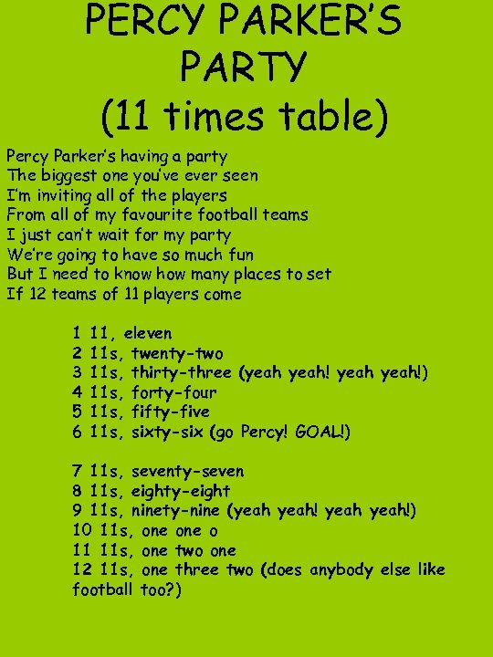 PERCY PARKER’S PARTY (11 times table) Percy Parker’s having a party The biggest one