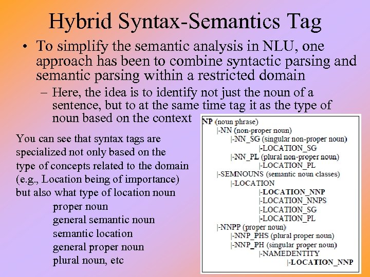 Hybrid Syntax-Semantics Tag • To simplify the semantic analysis in NLU, one approach has