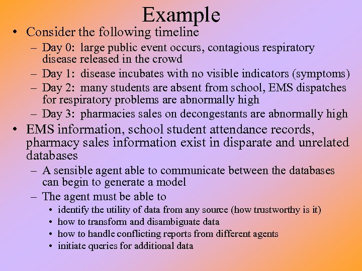 Example • Consider the following timeline – Day 0: large public event occurs, contagious