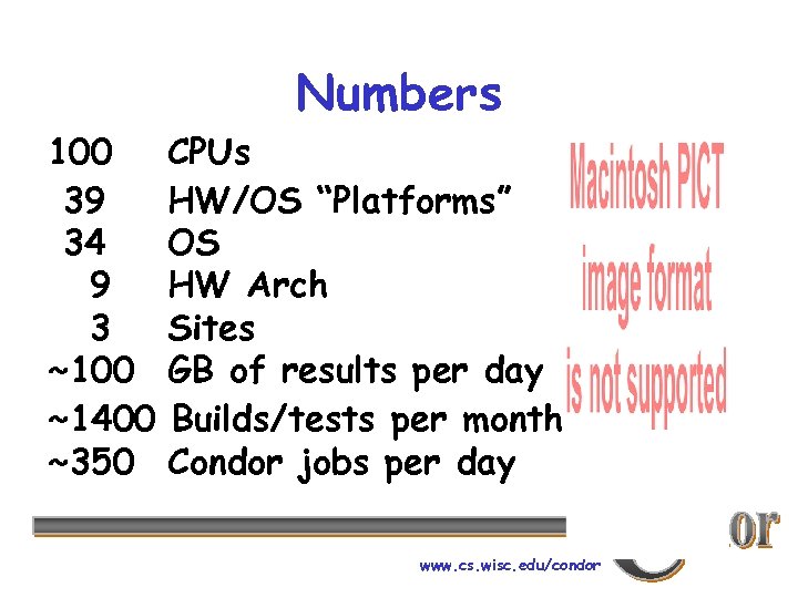 Numbers 100 39 34 9 3 ~100 ~1400 ~350 CPUs HW/OS “Platforms” OS HW