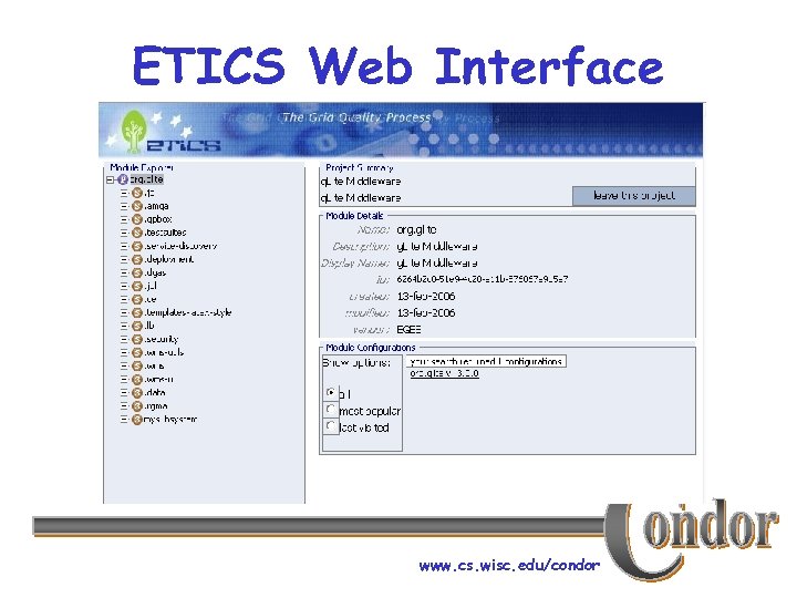 ETICS Web Interface www. cs. wisc. edu/condor 