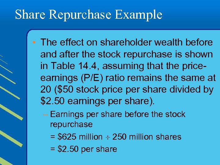 Share Repurchase Example • The effect on shareholder wealth before and after the stock