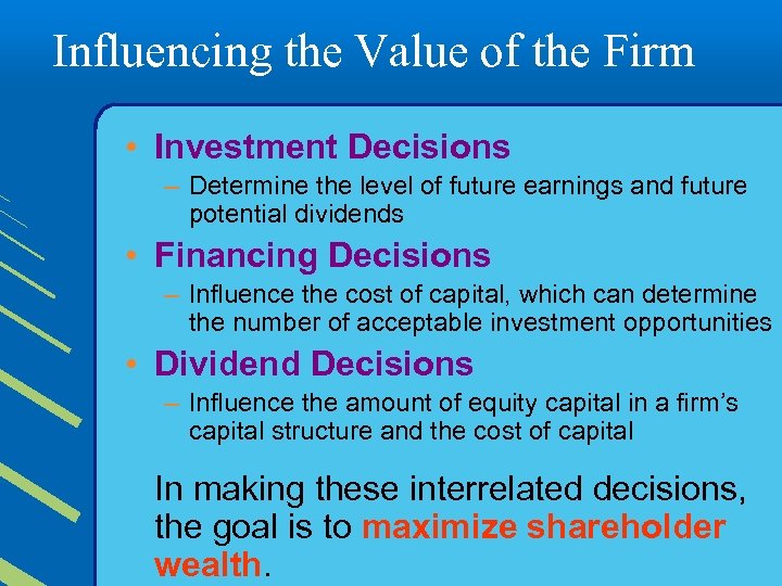 Influencing the Value of the Firm • Investment Decisions – Determine the level of