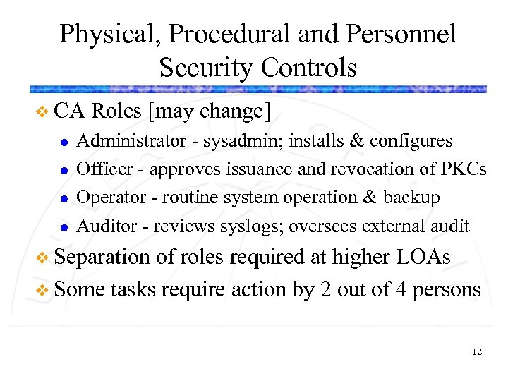 Physical, Procedural and Personnel Security Controls v CA l l Roles [may change] Administrator