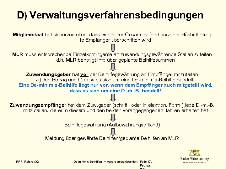 D) Verwaltungsverfahrensbedingungen Mitgliedstaat hat sicherzustellen, dass weder Gesamtplafond noch der Höchstbetrag je Empfänger überschritten
