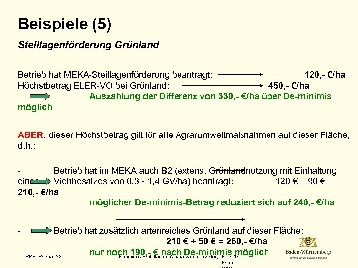 Beispiele (5) Steillagenförderung Grünland Betrieb hat MEKA-Steillagenförderung beantragt: 120, - €/ha Höchstbetrag ELER-VO bei