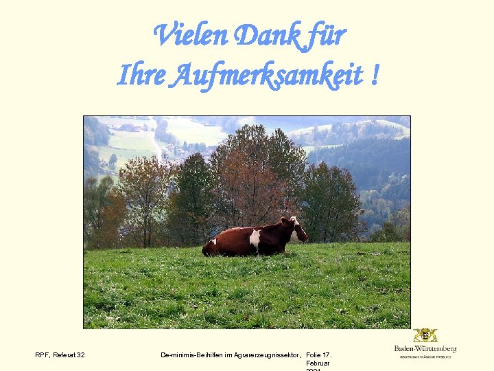 Vielen Dank für Ihre Aufmerksamkeit ! RPF, Referat 32 De-minimis-Beihilfen im Agrarerzeugnissektor, Folie 17.