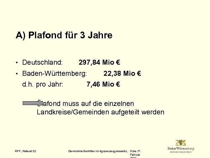 A) Plafond für 3 Jahre • Deutschland: 297, 84 Mio € • Baden-Württemberg: d.
