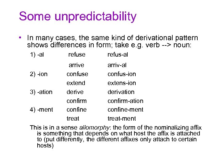 Some unpredictability • In many cases, the same kind of derivational pattern shows differences
