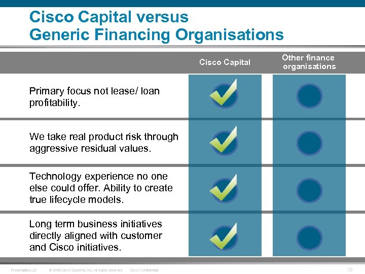 Cisco Capital versus Generic Financing Organisations Cisco Capital Other finance organisations Primary focus not
