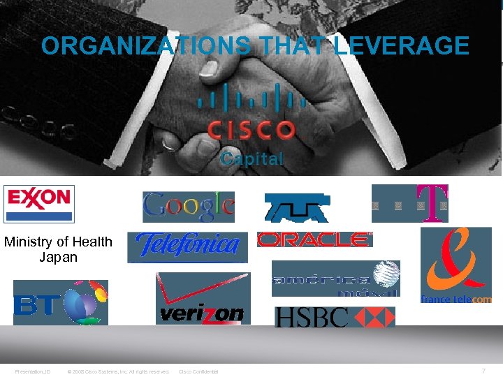 ORGANIZATIONS THAT LEVERAGE Ministry of Health Japan Presentation_ID © 2008 Cisco Systems, Inc. All