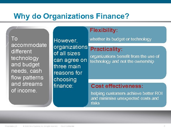 Why do Organizations Finance? Flexibility: To accommodate different technology and budget needs, cash flow