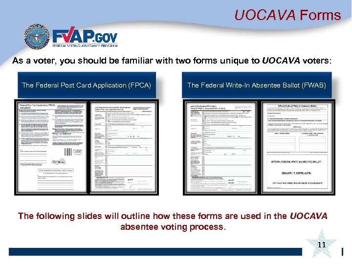 UOCAVA Forms As a voter, you should be familiar with two forms unique to