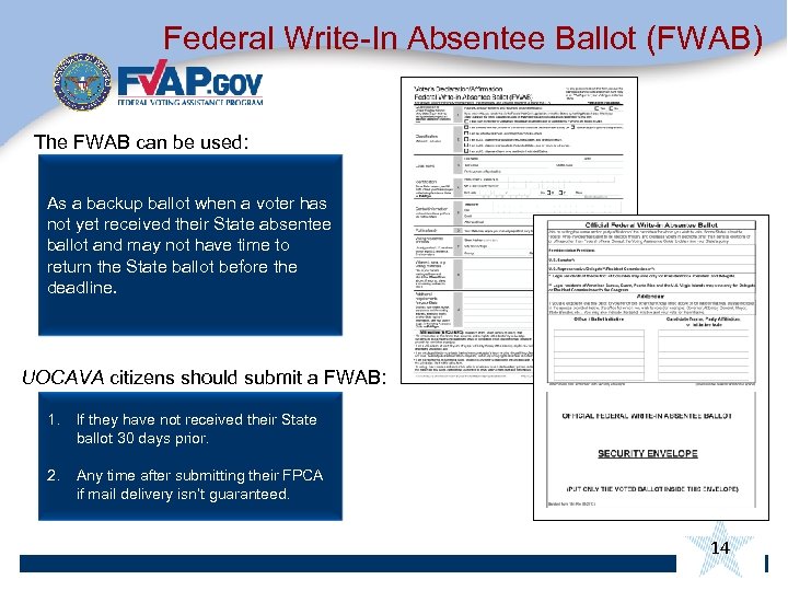 Federal Write-In Absentee Ballot (FWAB) The FWAB can be used: As a backup ballot