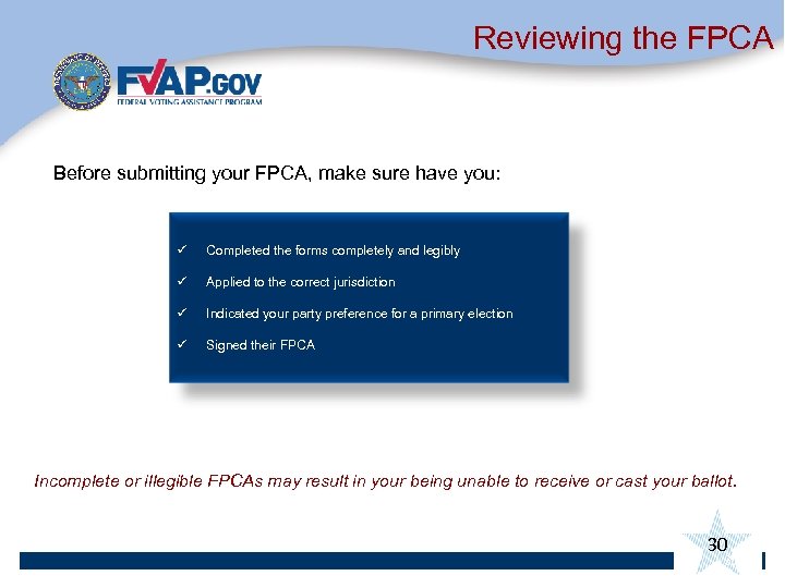 Reviewing the FPCA Before submitting your FPCA, make sure have you: ü Completed the