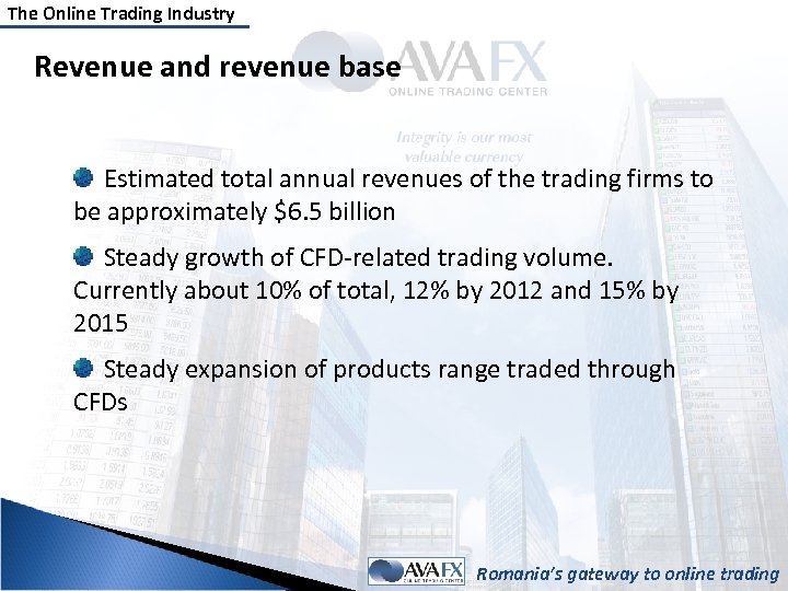 The Online Trading Industry Revenue and revenue base Estimated total annual revenues of the