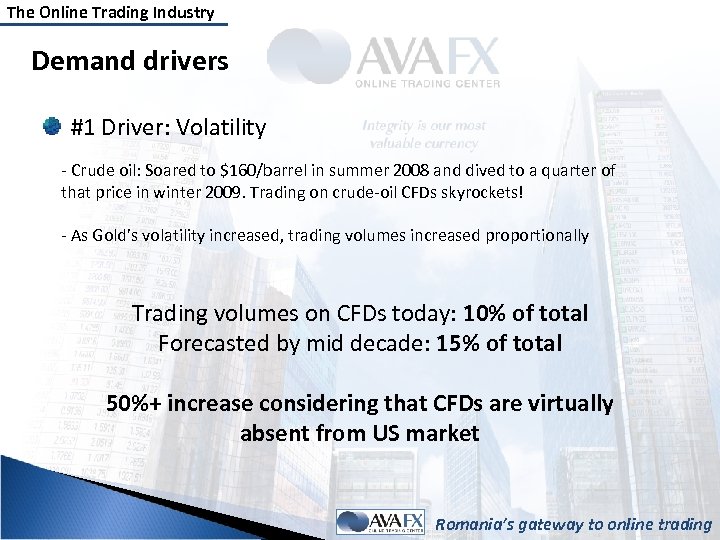 The Online Trading Industry Demand drivers #1 Driver: Volatility - Crude oil: Soared to