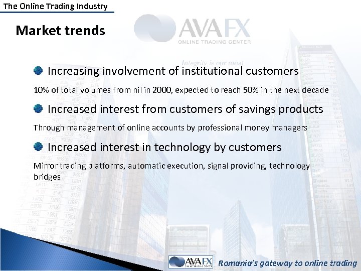 The Online Trading Industry Market trends Increasing involvement of institutional customers 10% of total