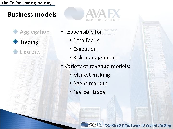 The Online Trading Industry Business models Aggregation Trading Liquidity • Responsible for: • Data